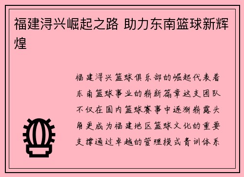 福建浔兴崛起之路 助力东南篮球新辉煌