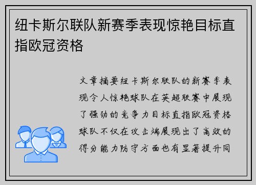 纽卡斯尔联队新赛季表现惊艳目标直指欧冠资格